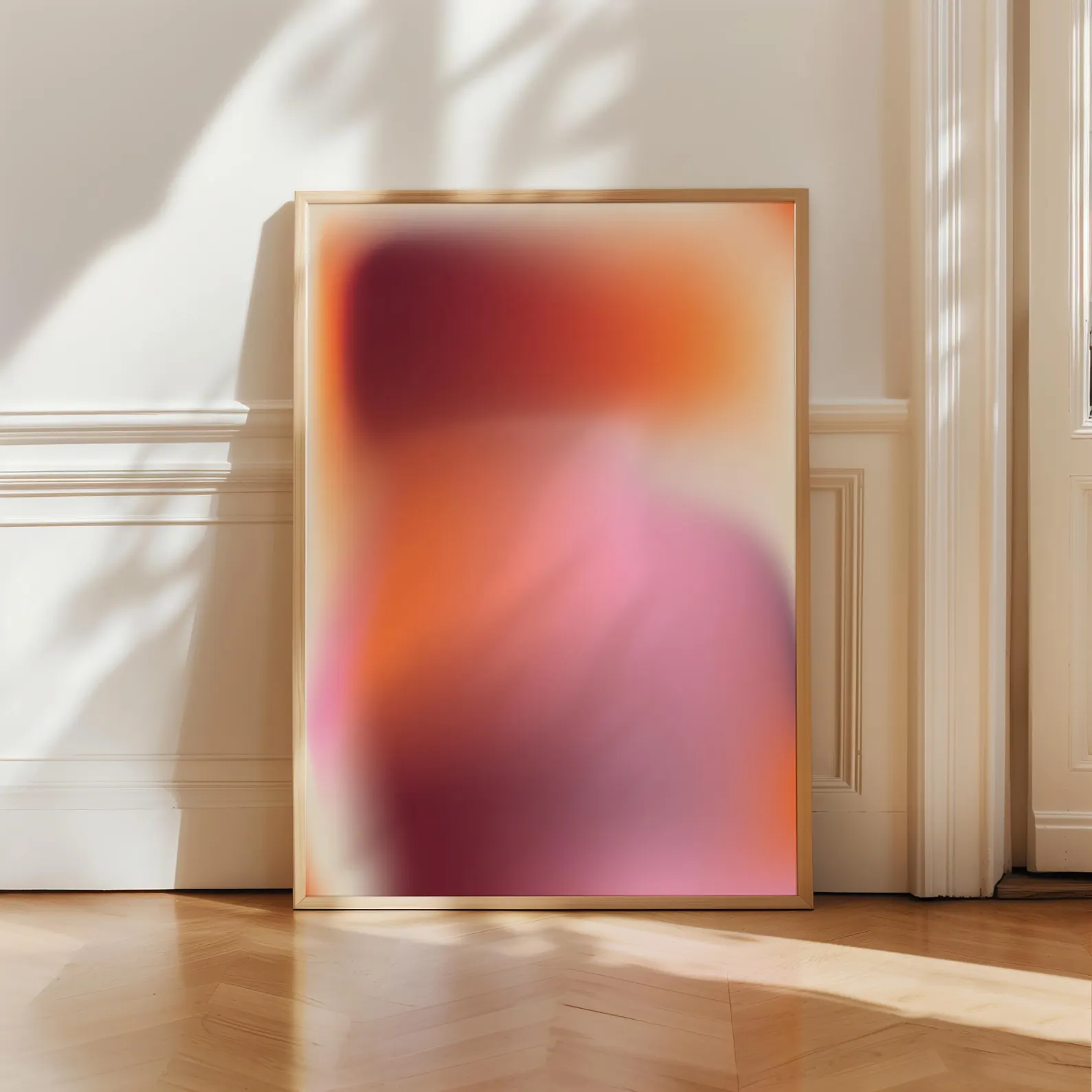 Terracotta and magenta aura gradient print in a frame, marked as a digital download
